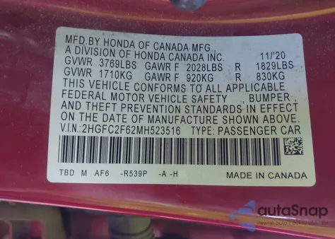 2021 Honda Civic Lx from USA, damaged, VIN 2HGFC2F62MH523516